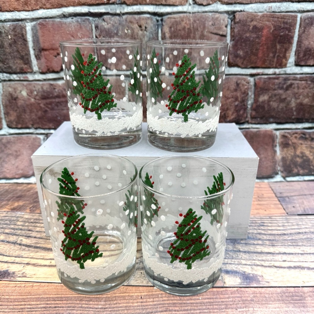 Libbey Old Fashioned Snowy Evergreen Christmas Tree 4 Rocks Glasses Vintage Set